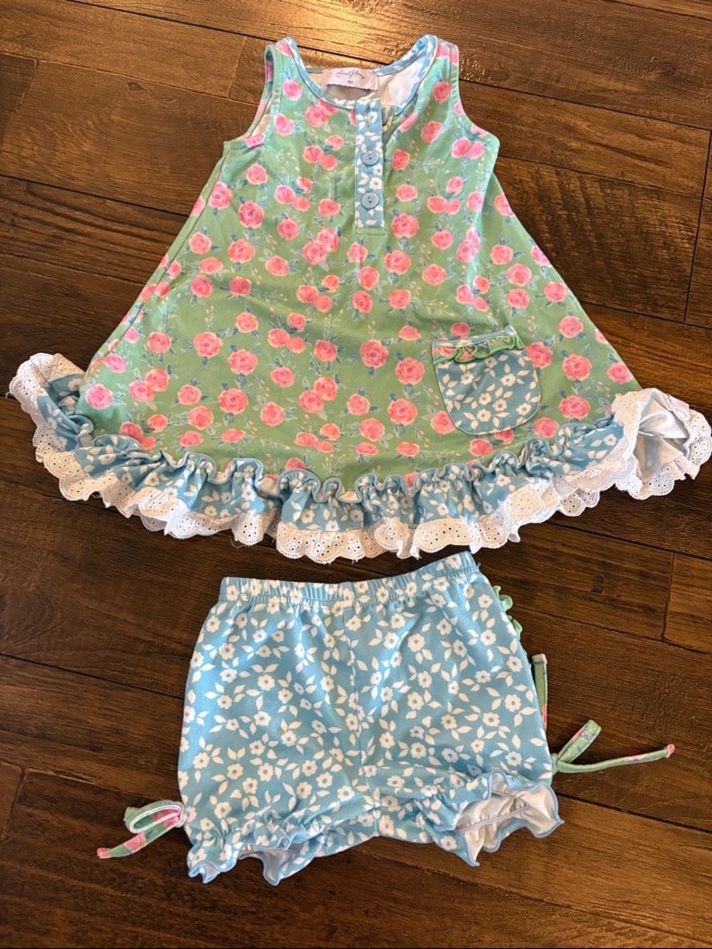SweetHoney Mint Green & Pink Floral Dress with Blue Floral Bloomers